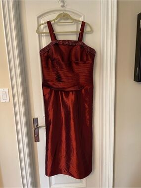 Sleeveless Red Satin Midi Dress with Beaded Trim